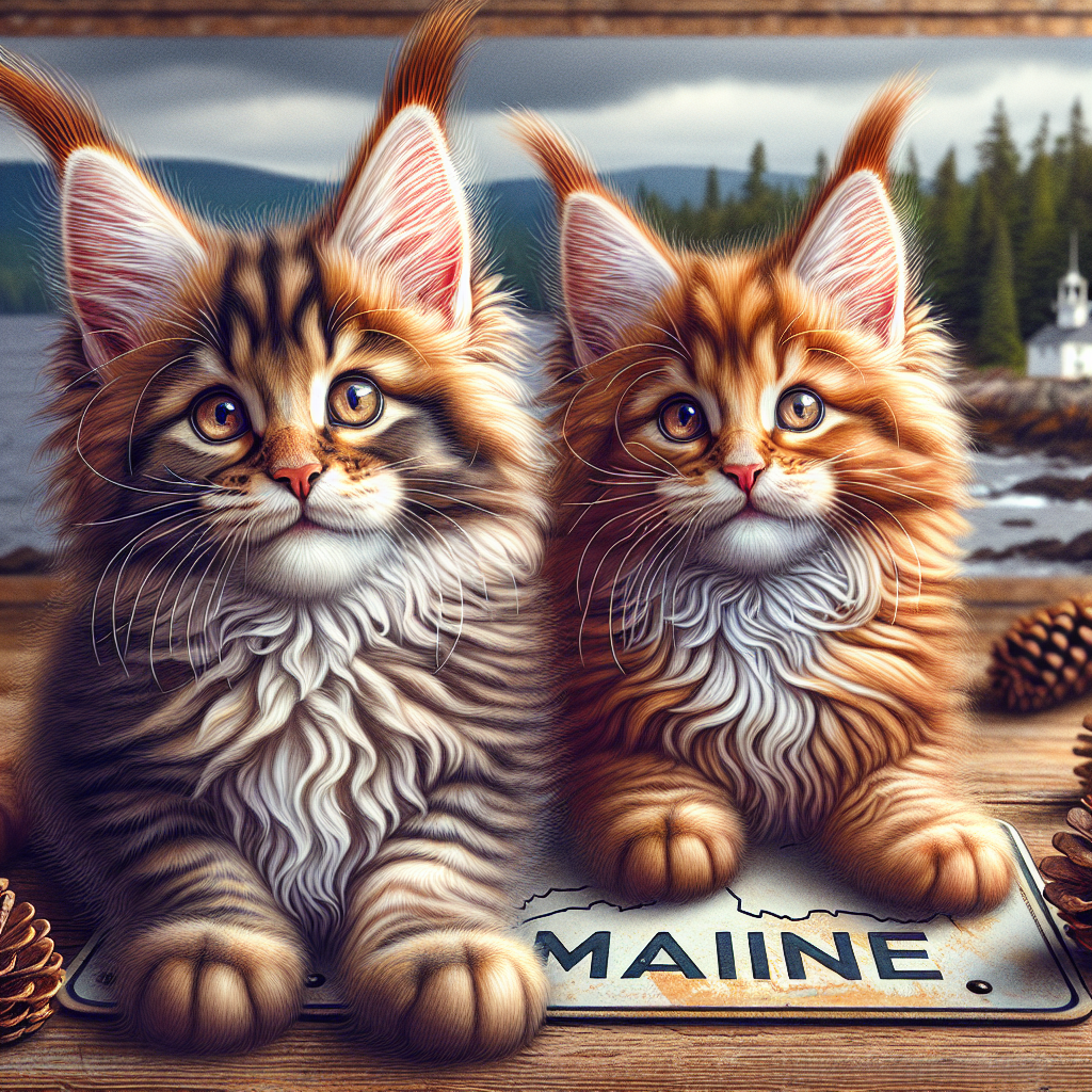 Realistic image of playful Maine Coon kittens in a scenic Maine backdrop.