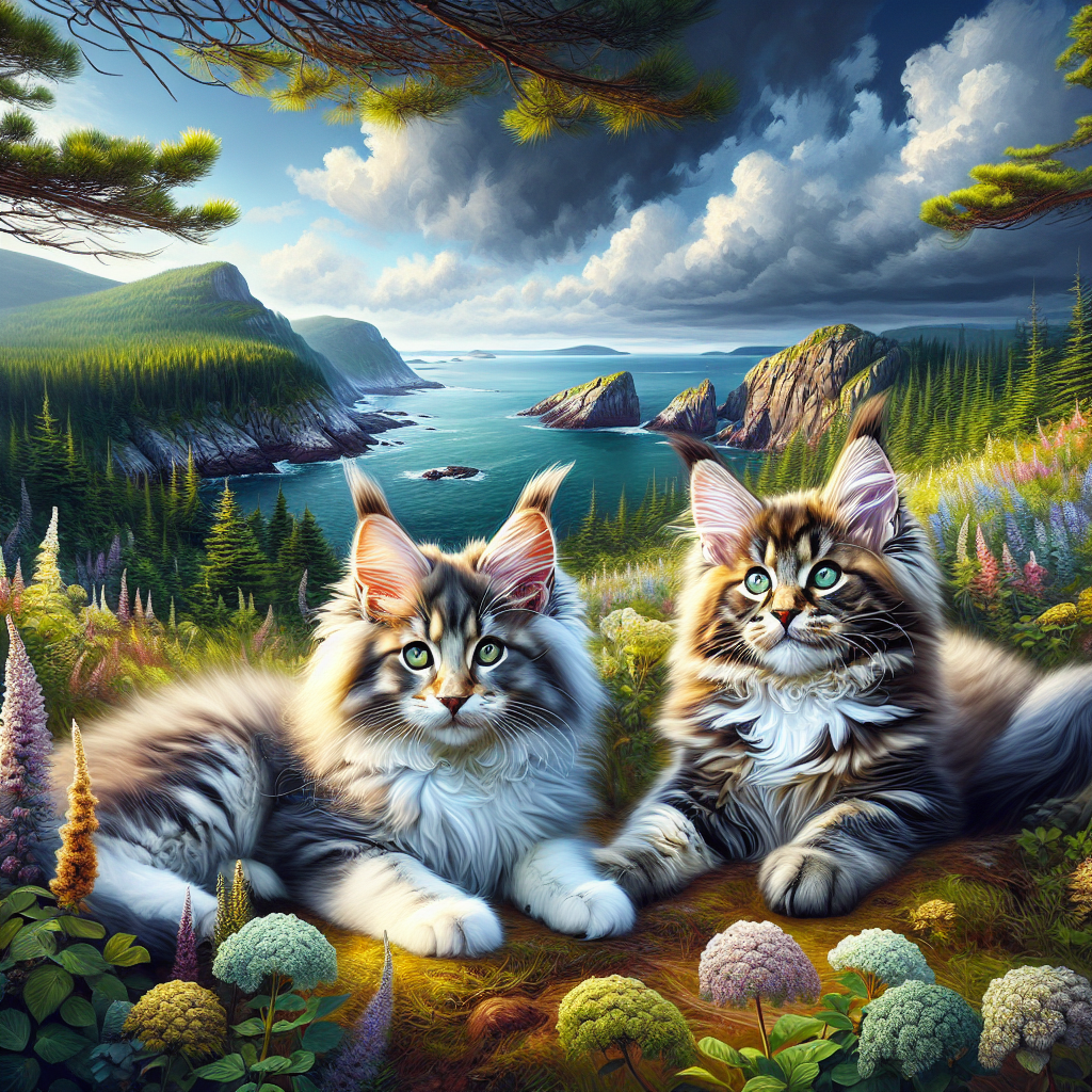 Realistic image of Maine Coon kittens in a natural outdoor setting in Maine.