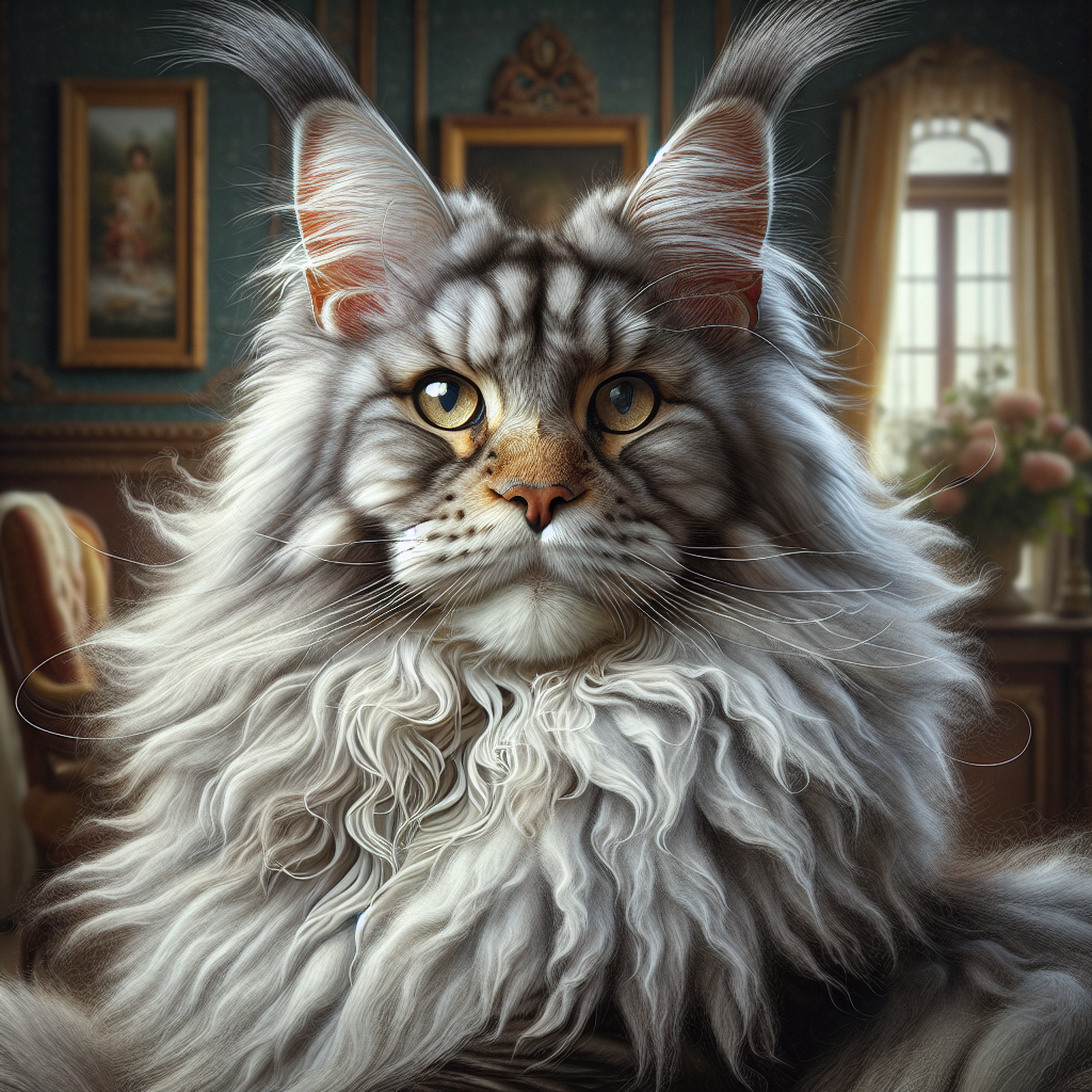 Realistic depiction of a Maine Coon cat with distinctive long fluffy fur and large tufted ears.