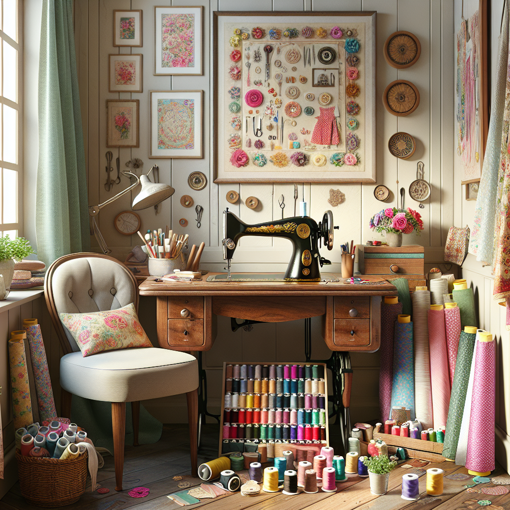 A cozy sewing corner with a sewing machine and colorful fabric rolls.