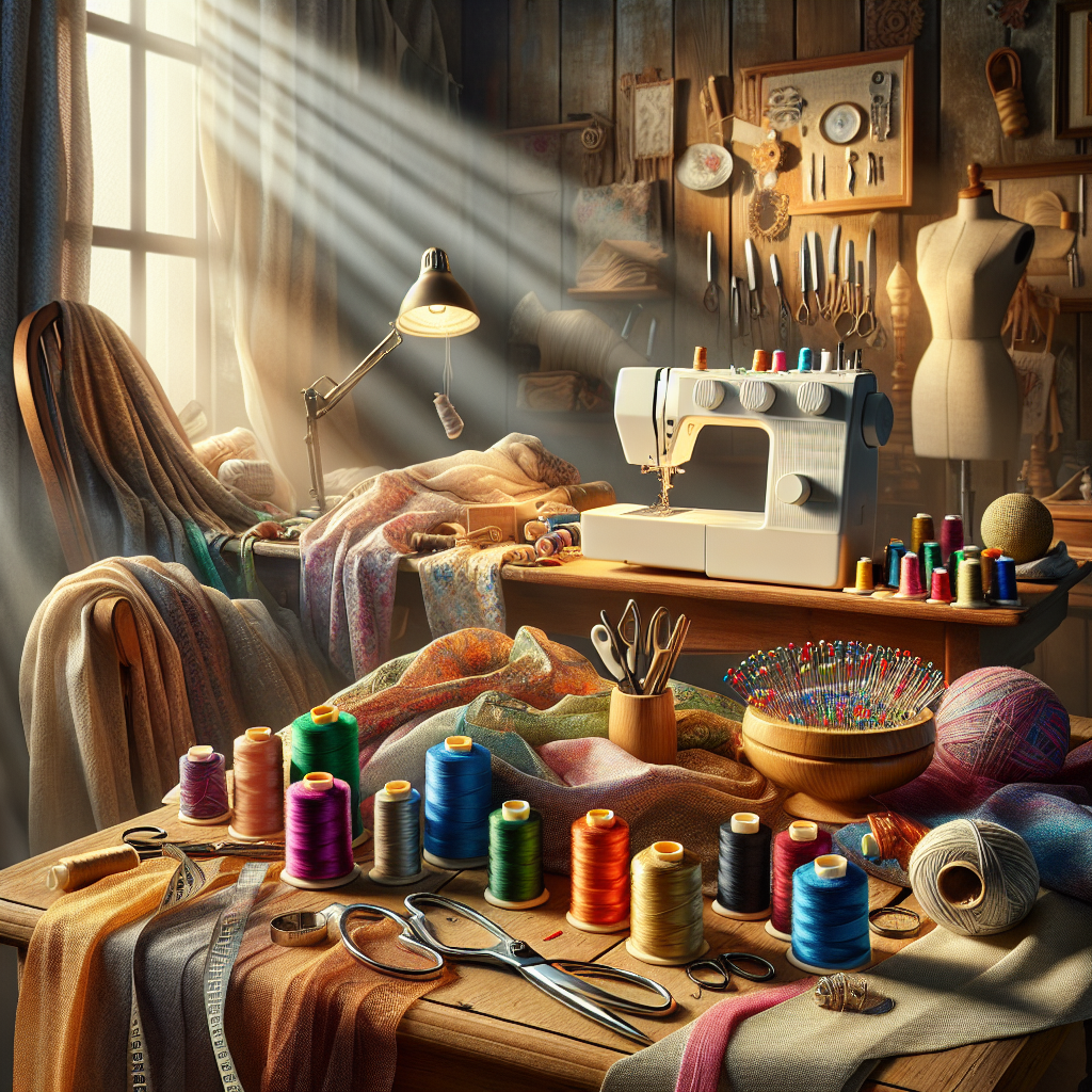 A cozy sewing room with tools and a sewing machine.
