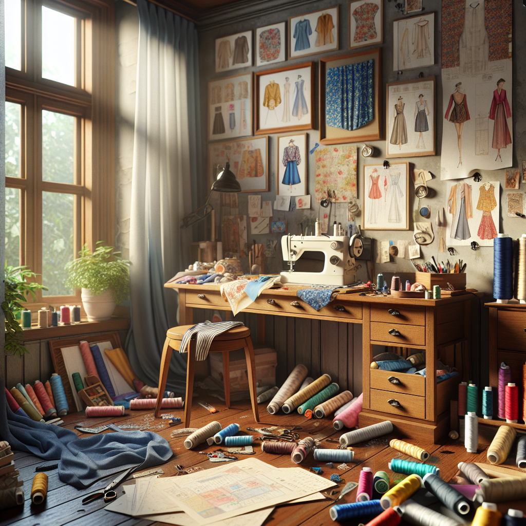 A cozy sewing room filled with colorful fabrics and sewing patterns.