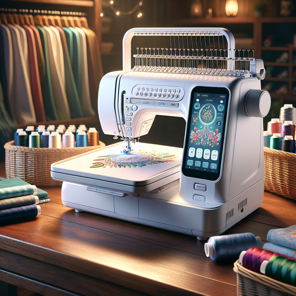 Various types of embroidery machines displayed on a table with colorful threads and fabric swatches.