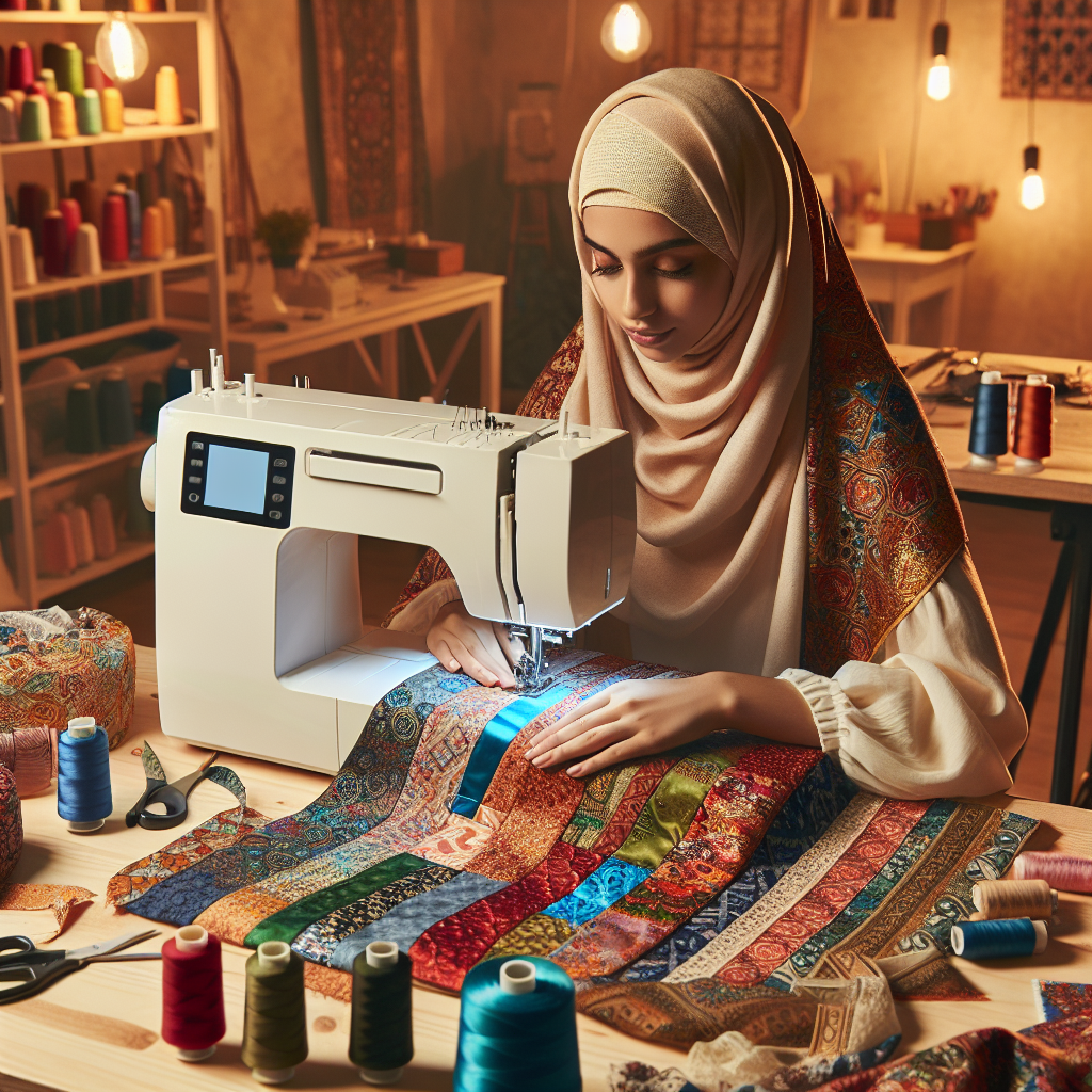 A sewing enthusiast using a colorful fabric at a modern sewing machine.