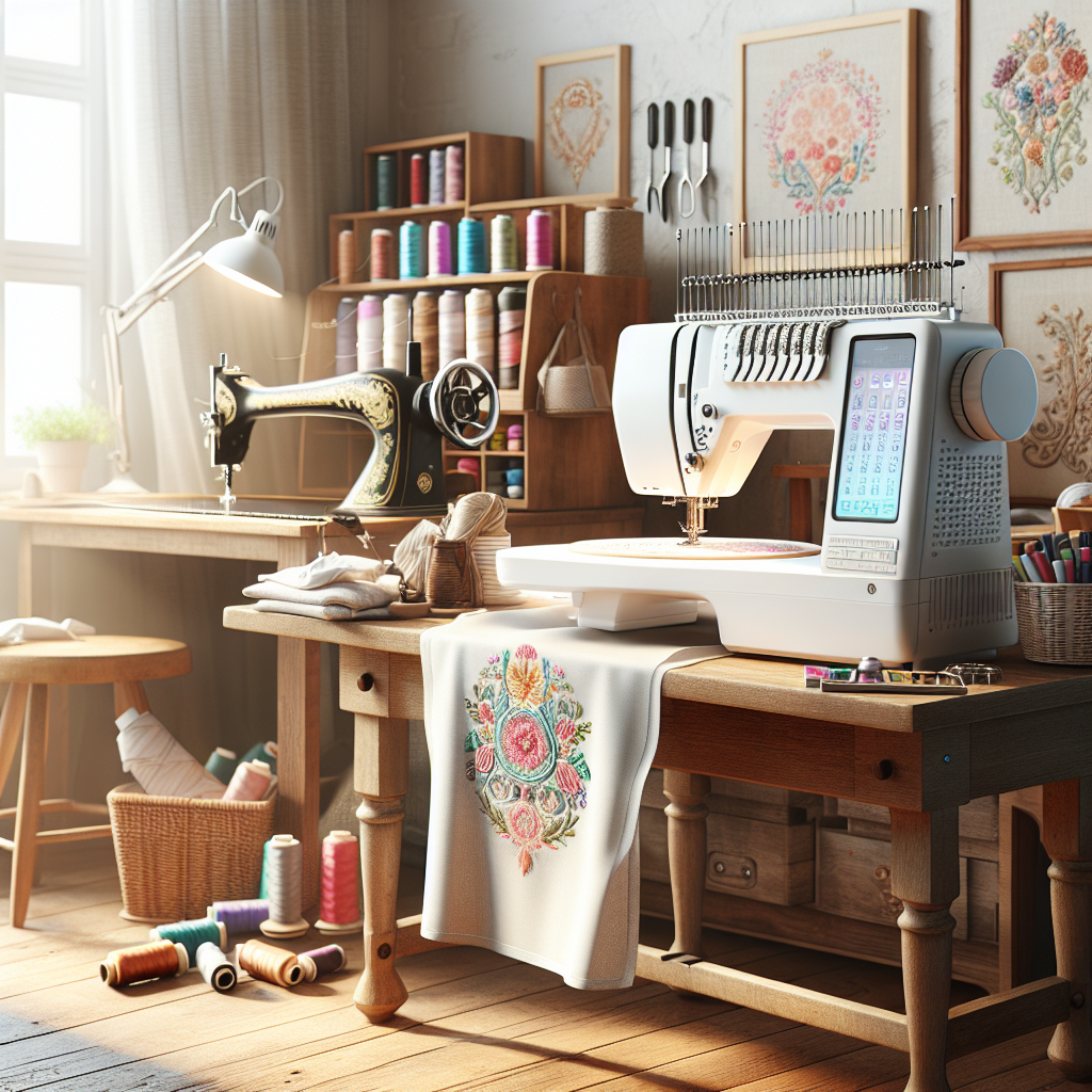 Various embroidery machines in a cozy sewing room setting, highlighting modern and vintage designs.