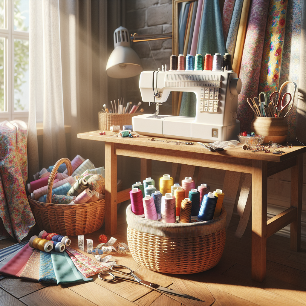 A cozy sewing corner with a sewing machine, colorful threads, a basket of fabric scraps, and sewing tools in a sunlit room.