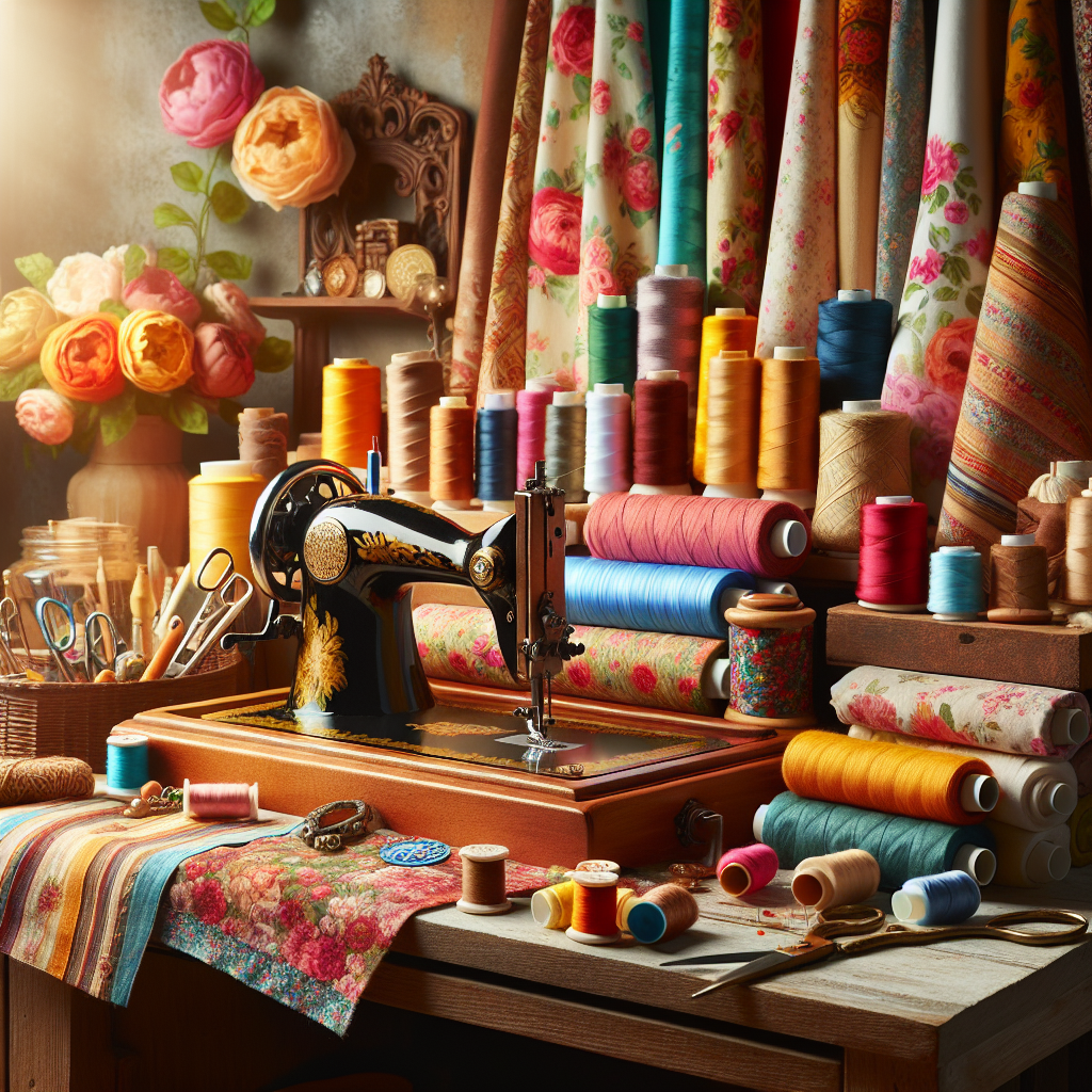 A cozy sewing space with vibrant fabrics and a wooden sewing machine.
