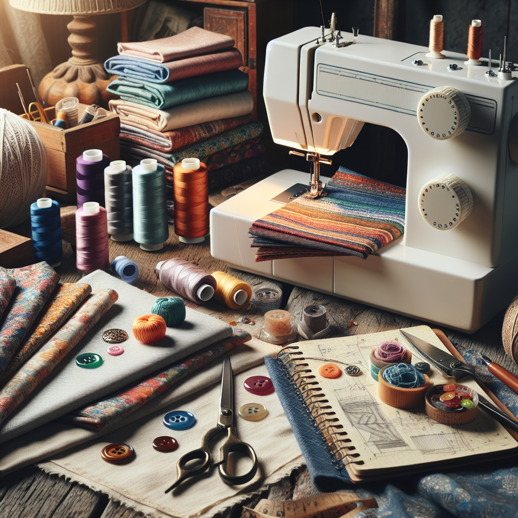 A colorful sewing workspace with fabrics, a sewing machine, and tools.