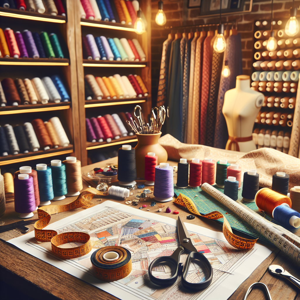 A sewing workshop table filled with sewing tools and colorful fabrics.