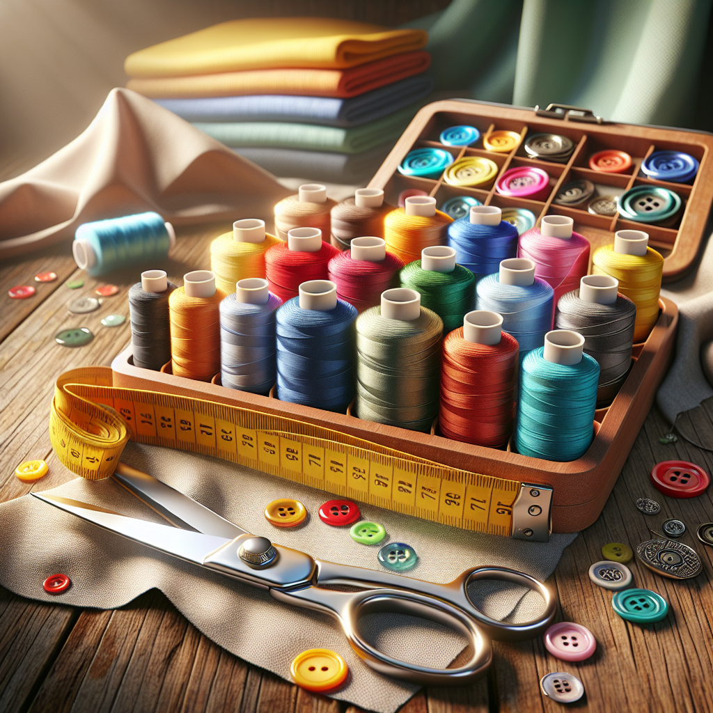 An illustration of a beginner's sewing kit on a wooden table.