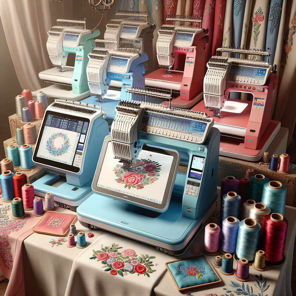 A display of various top embroidery machines with colorful spools of thread.