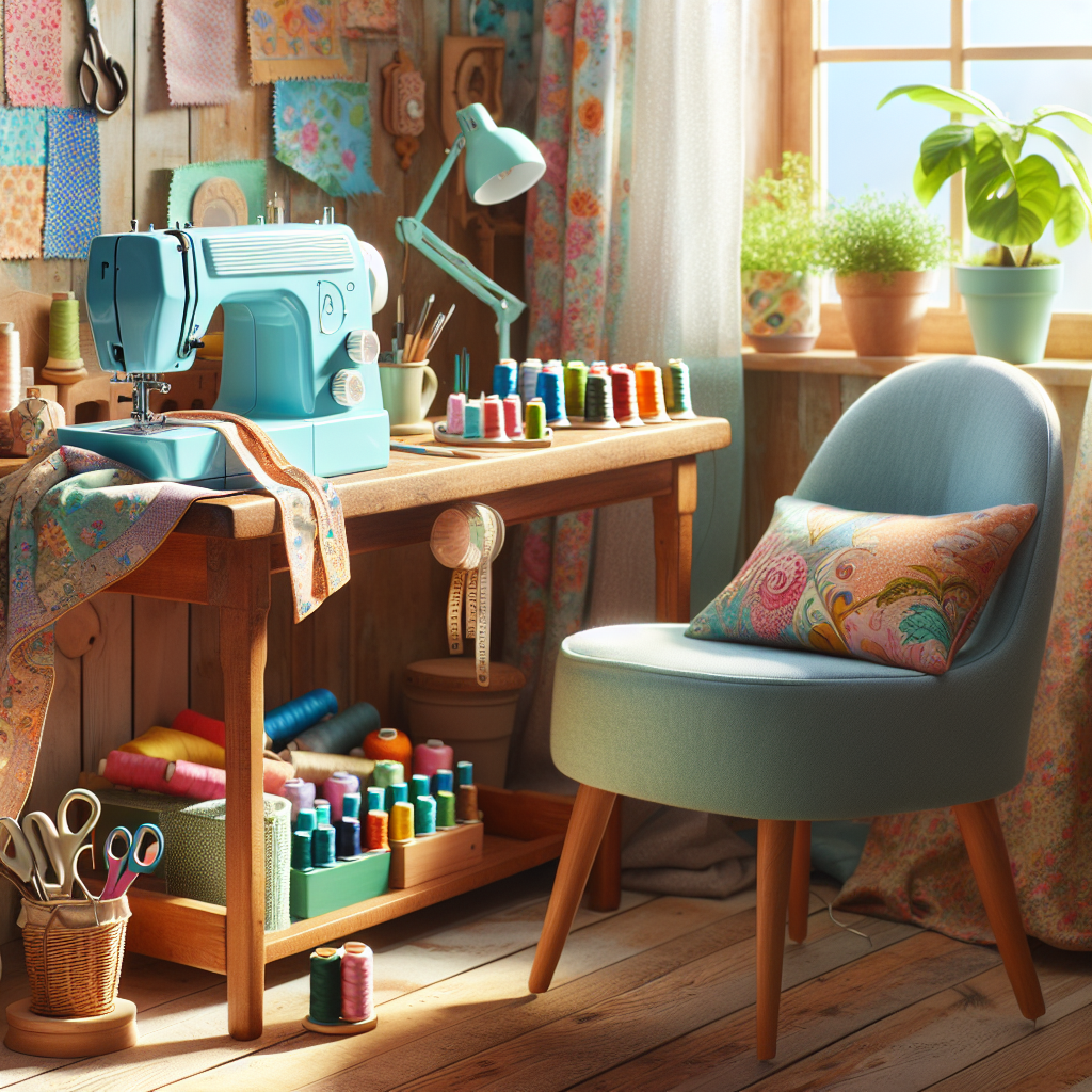 A cozy sewing corner with a sewing machine, spools of thread, and fabrics.