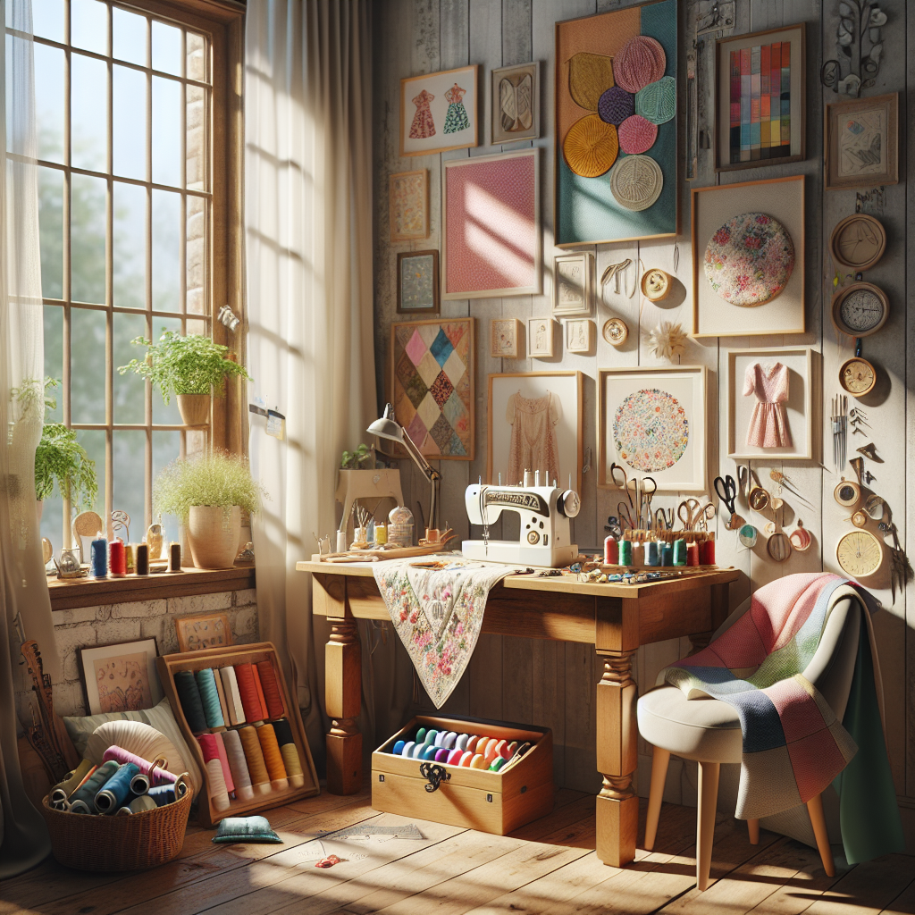 A cozy sewing room with fabrics, a sewing machine, and bright sunlight.
