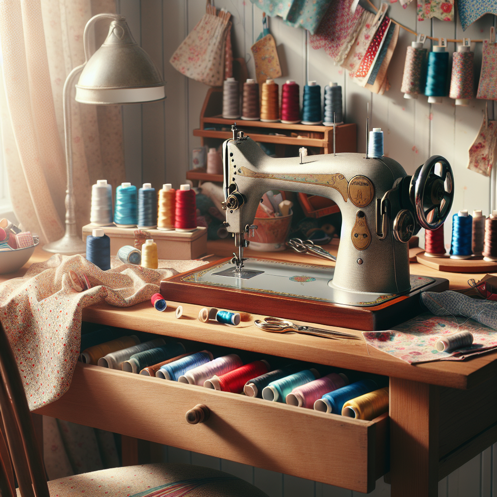 A cozy sewing space with a vintage sewing machine, colorful threads, and patterned fabrics.