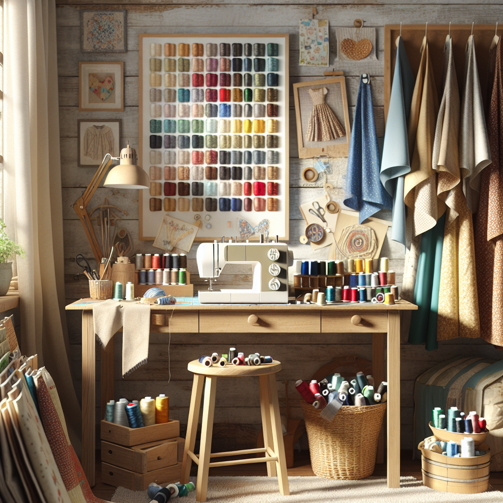 A cozy sewing studio showcasing various sewing inspirations and colorful materials.