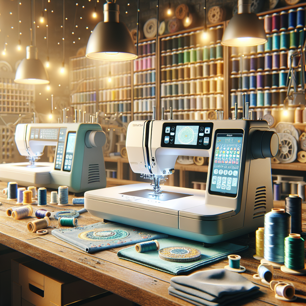 A display of various embroidery machines on a workbench with colorful thread spools and fabric swatches.