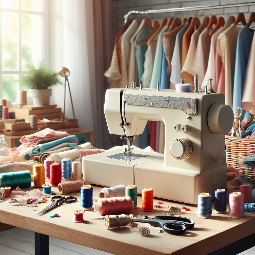 A vibrant sewing workspace with colorful fabrics, a vintage sewing machine, and stitching tools.