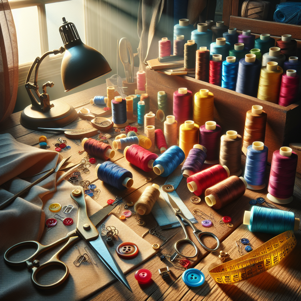 A beginner's sewing workspace with colorful threads, scissors, and other tools.