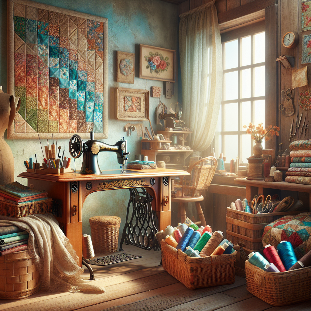 A cozy sewing room with a vintage sewing machine, colorful fabrics, and inspiring sewing projects.