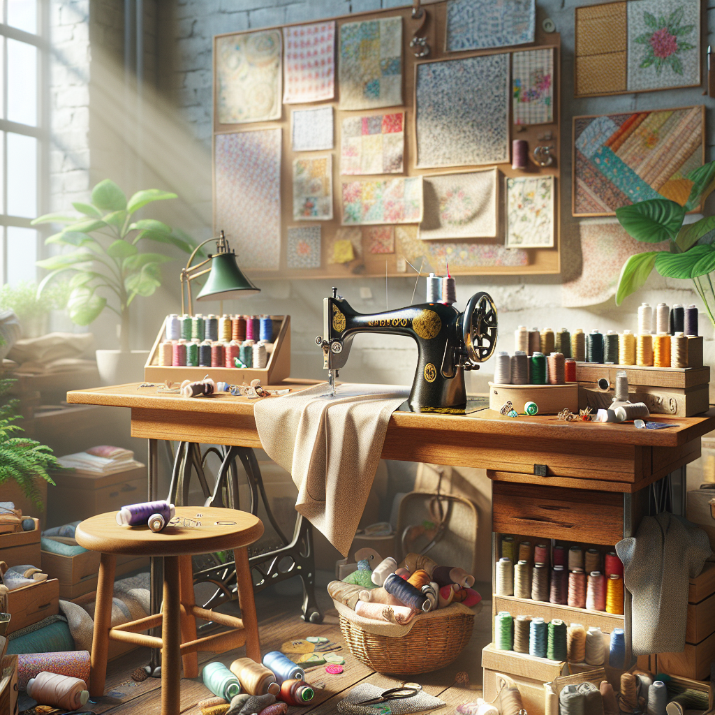 A cozy sewing workspace with sustainable materials and a sewing machine.