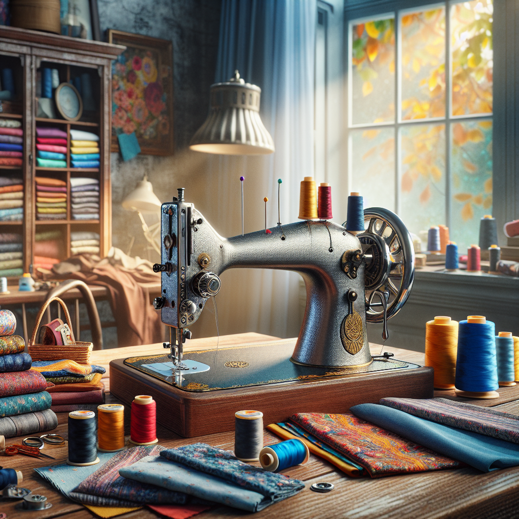 A vibrant sewing workspace with colorful fabric, a vintage sewing machine, and spools of thread.