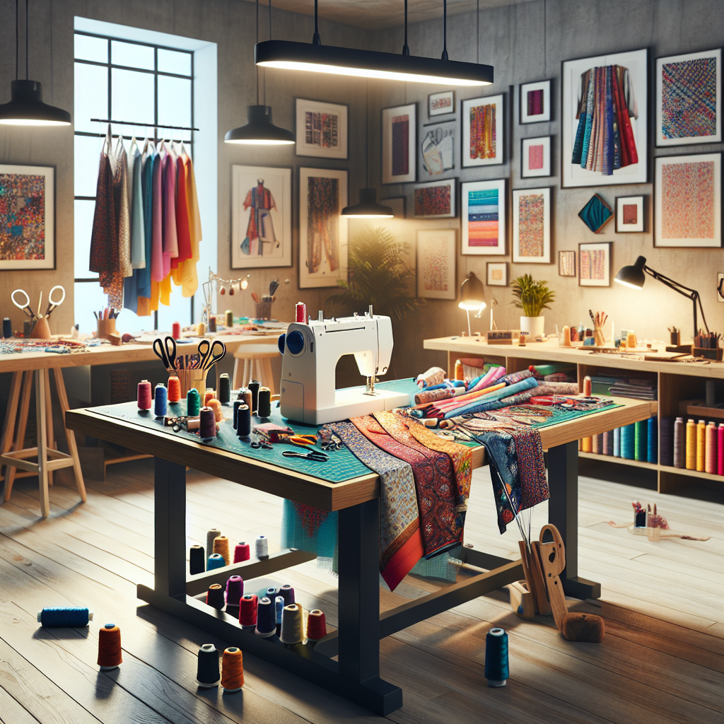 A modern sewing studio filled with colorful fabrics and a sewing machine in use.