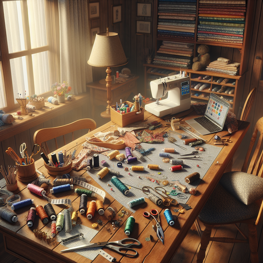 A cozy sewing space with fabric swatches and a sewing machine.