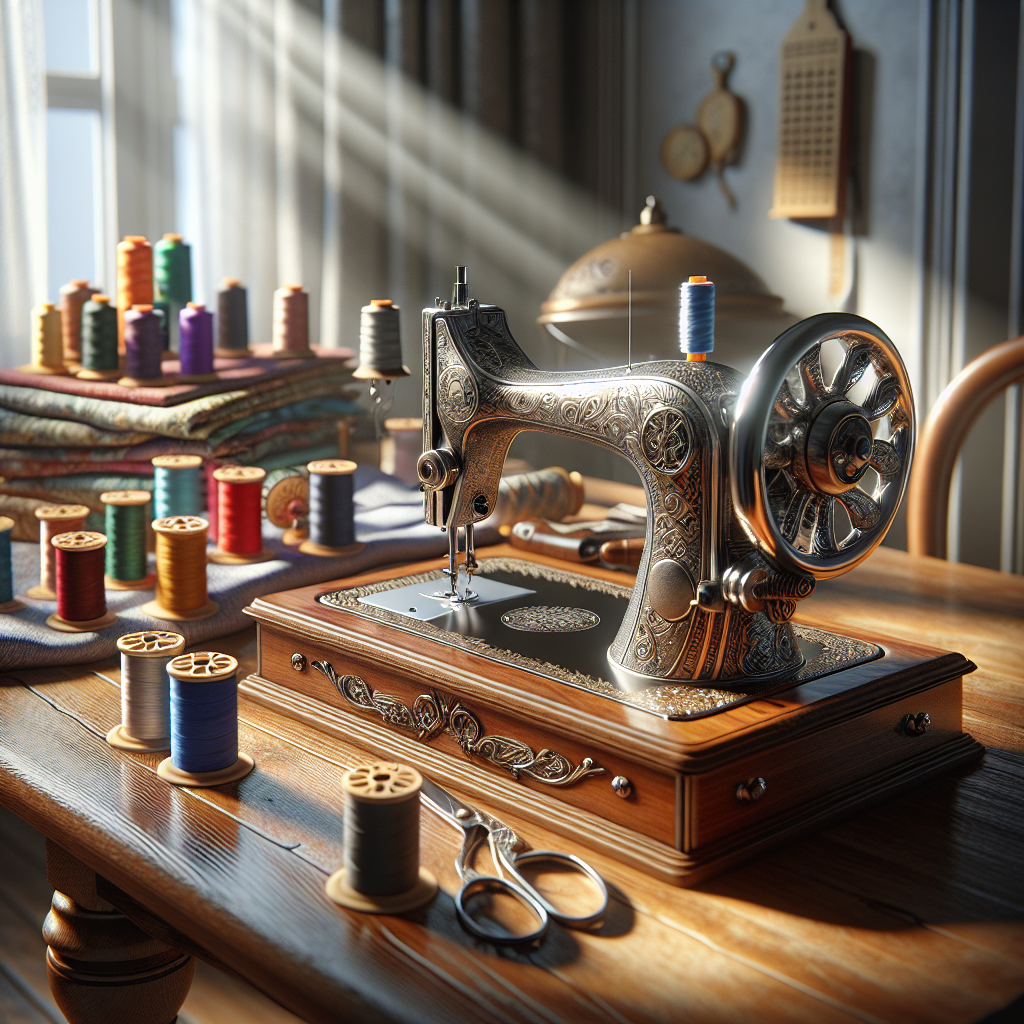 A beautifully arranged sewing machine with colorful spools of thread and fabric on a wooden table.
