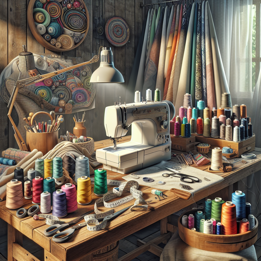 A vibrant sewing workspace with a sewing machine, colorful fabrics, and sewing tools.
