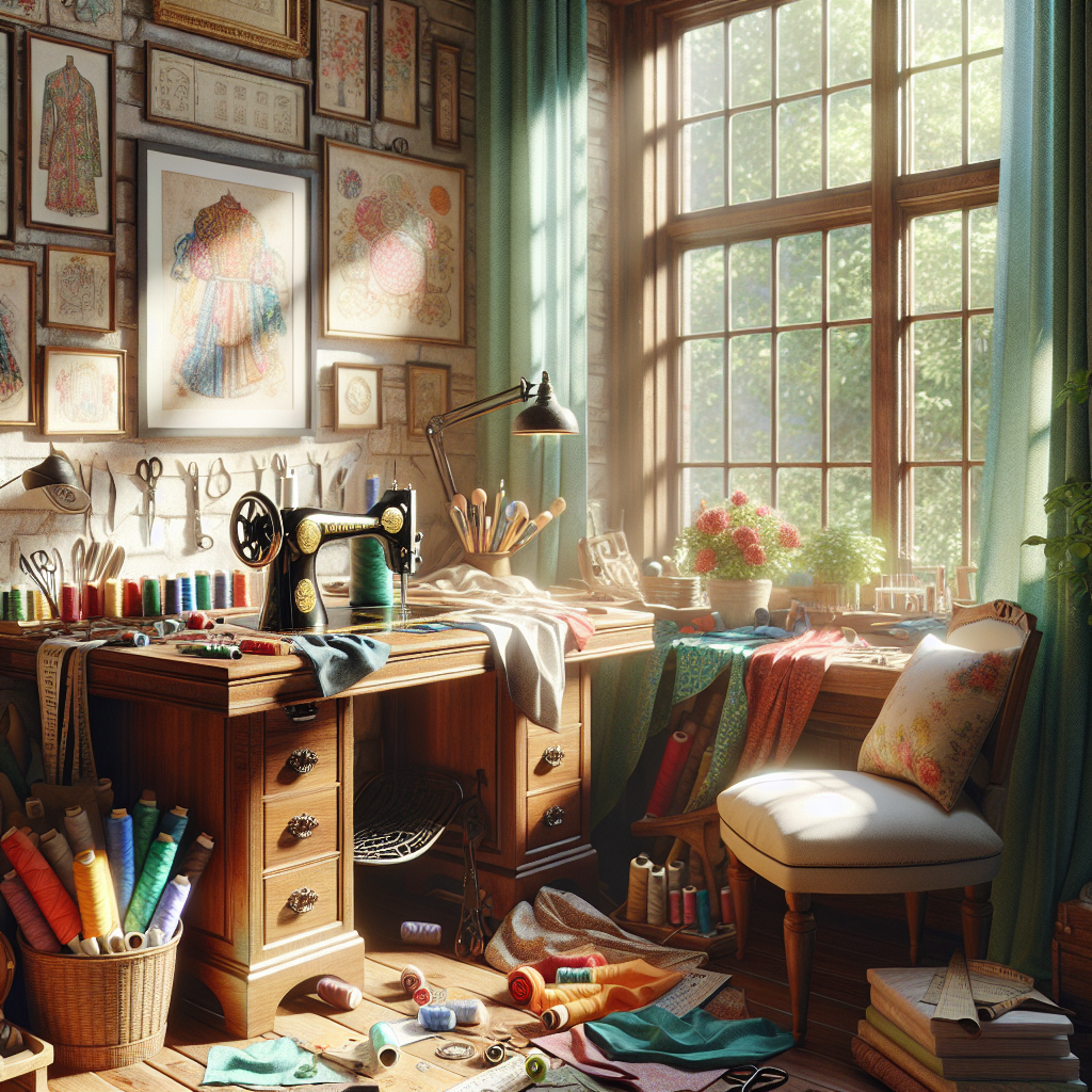 A cozy sewing corner with a sewing machine, fabrics, and a sunny window.