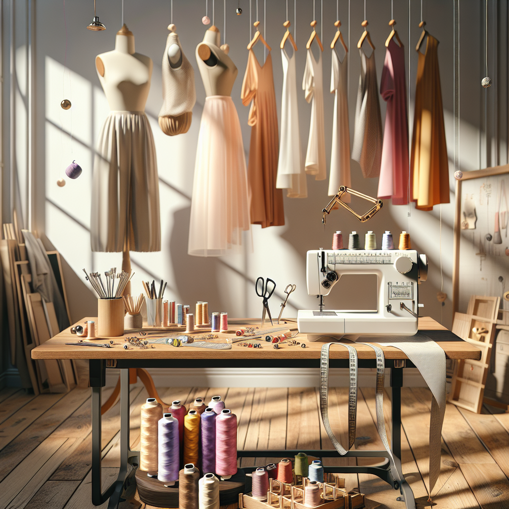 A modern sewing workspace with a sewing machine and colorful threads.