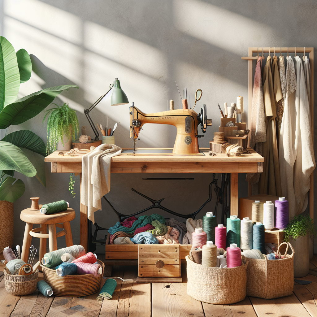 A cozy sewing corner with eco-friendly materials and a sewing machine.