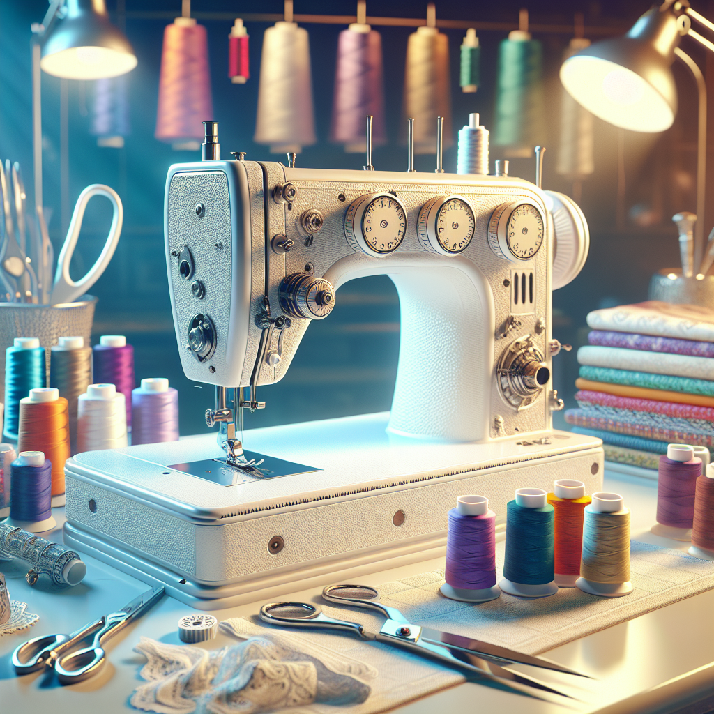 A well-maintained sewing machine on a workbench surrounded by colorful sewing supplies.