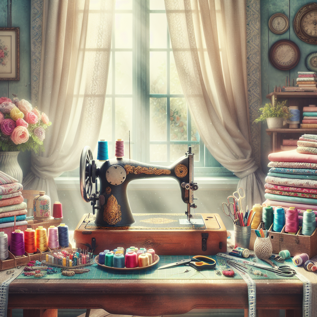 A cozy sewing corner with colorful fabrics, a sewing machine, and craft tools.