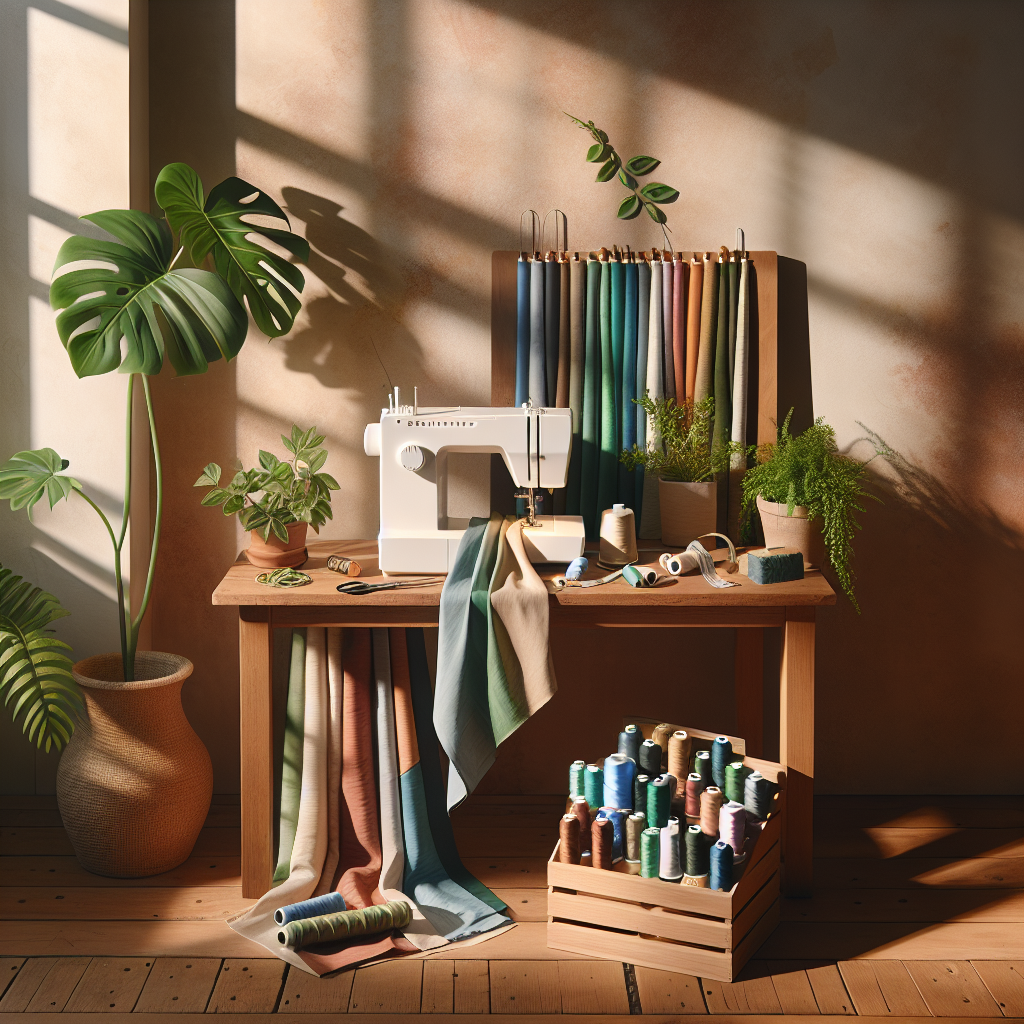 A sewing workspace featuring sustainable sewing materials and a sewing machine.