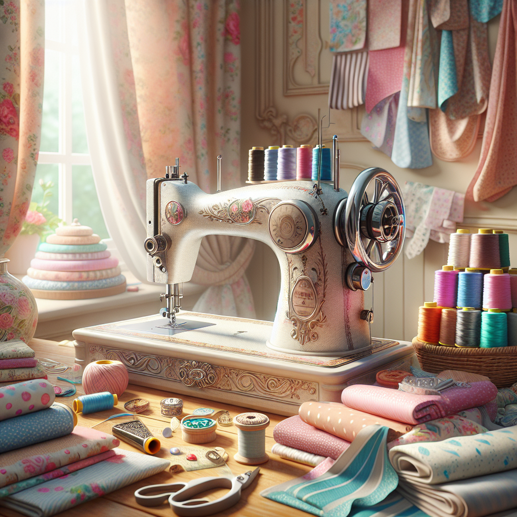 A cozy sewing space with a sewing machine and colorful fabrics.