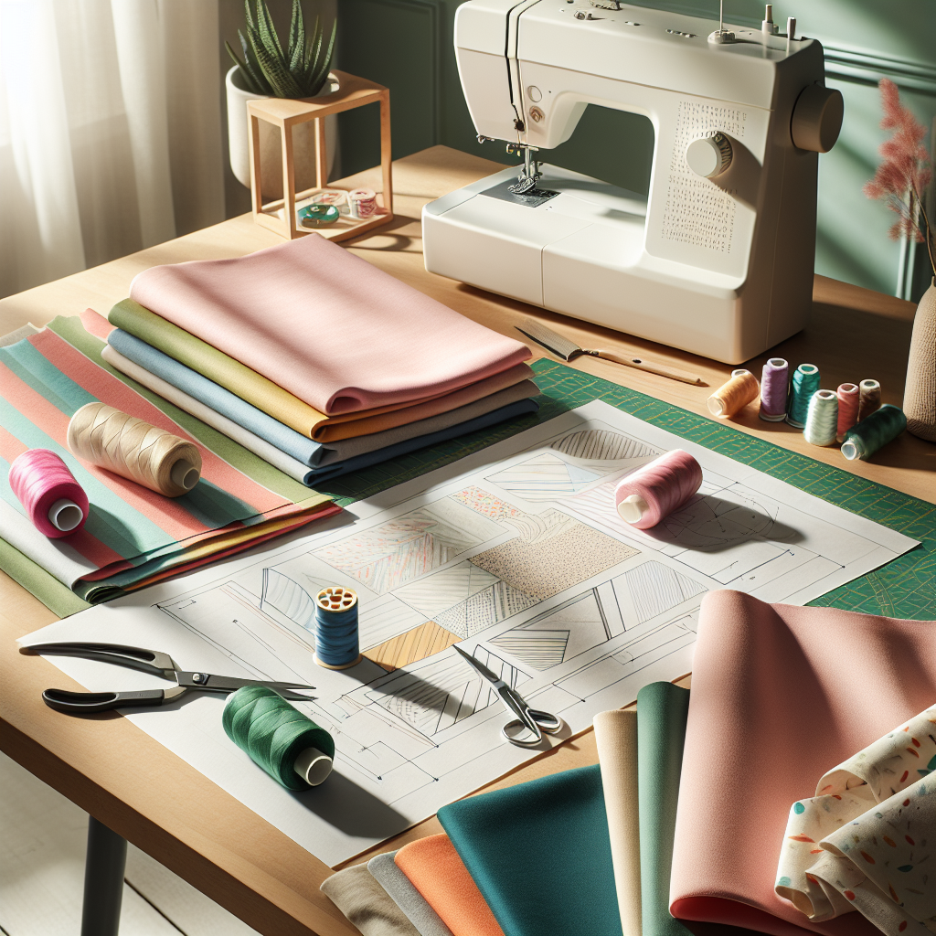 A vibrant sewing workspace with colorful fabrics, sewing machine, and sewing materials.