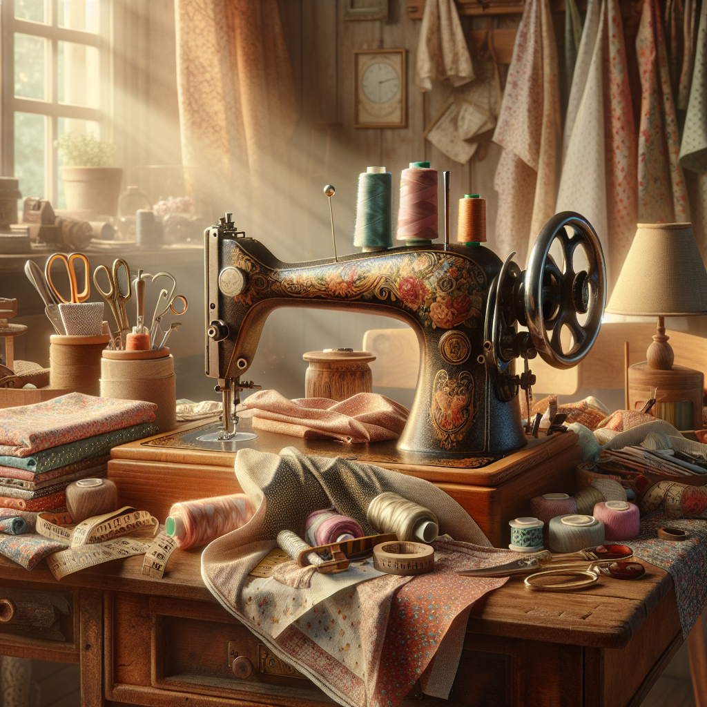 A cozy sewing workspace with colorful fabrics and a vintage sewing machine.