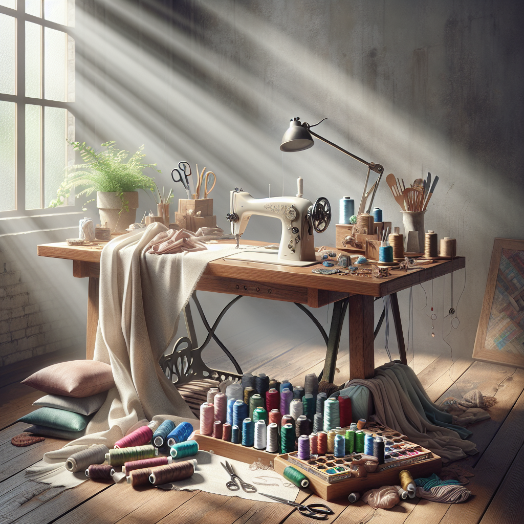 A sewing workspace with eco-friendly fabrics and colorful sewing tools.