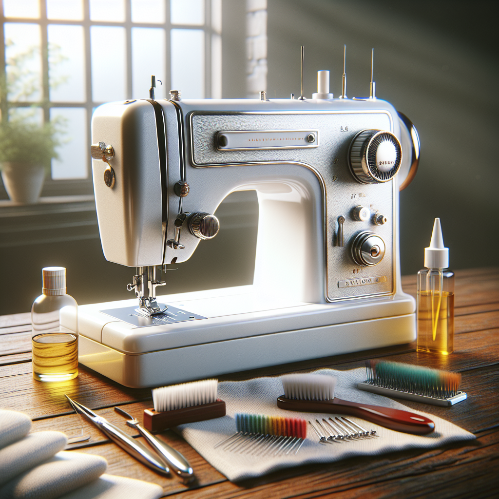 A well-maintained sewing machine with maintenance tools on a wooden table.