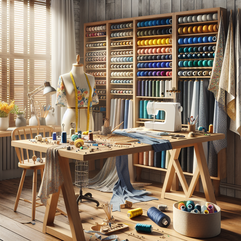A vibrant sewing workspace with colorful fabrics and sewing tools.