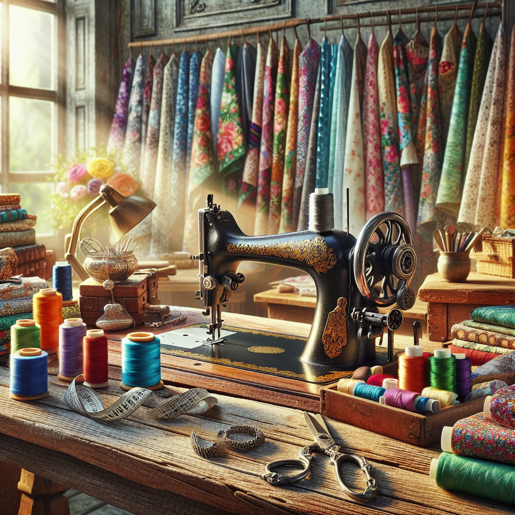 A sewing workspace with colorful fabrics, a vintage sewing machine, and vibrant spools of thread.