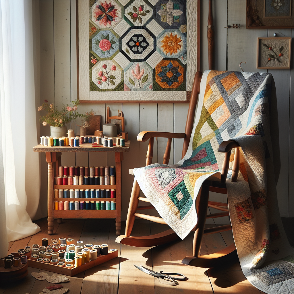 A cozy sewing corner with a colorful quilt, sewing tools, and natural light.