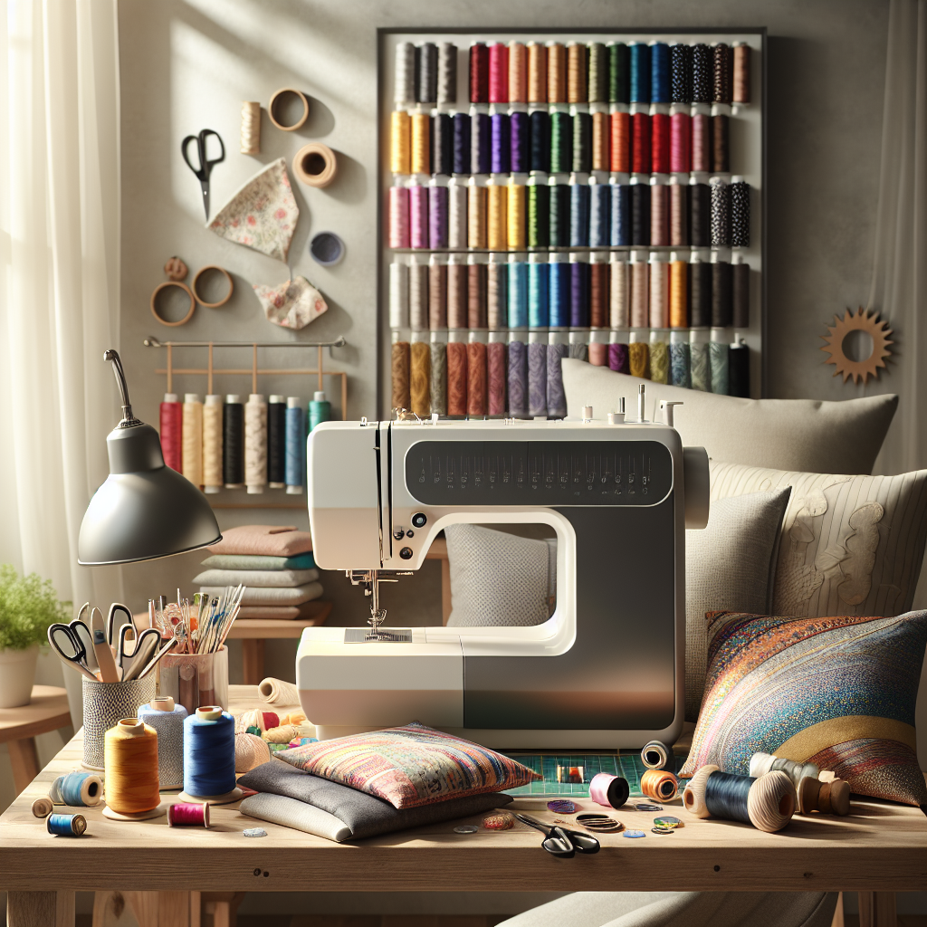 A cozy sewing workspace with a sewing machine, colorful threads, and fabrics.