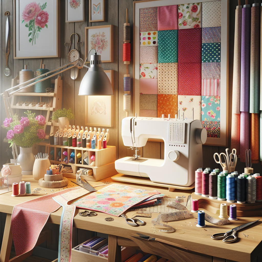 A cozy sewing corner filled with colorful fabrics and a sewing machine.