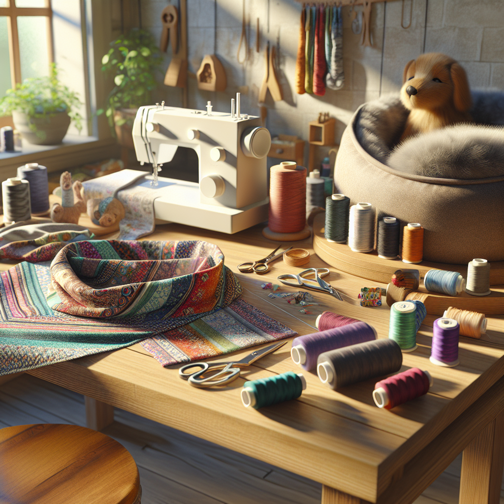 A cozy sewing corner with colorful fabrics and tools for making pet accessories.