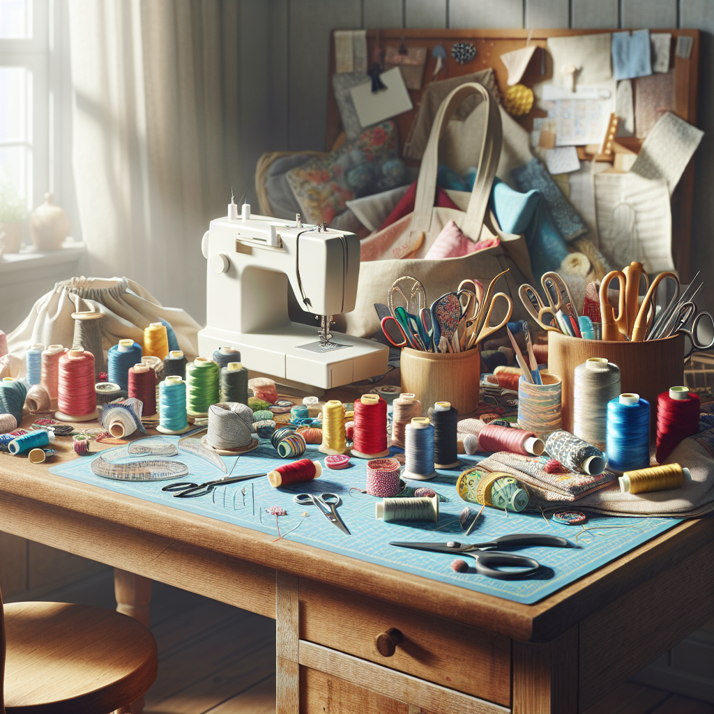 A sewing workspace with colorful threads, scissors, and handmade items.