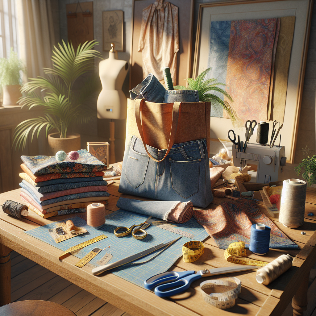 A creative DIY fashion workspace with fabrics and sewing tools.