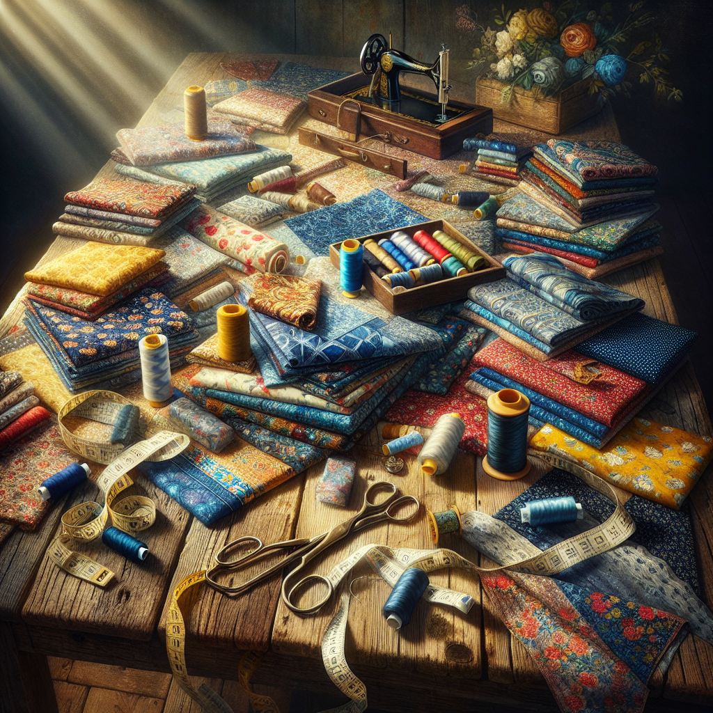 A vibrant collection of fabric scraps arranged on a wooden table with sewing tools.