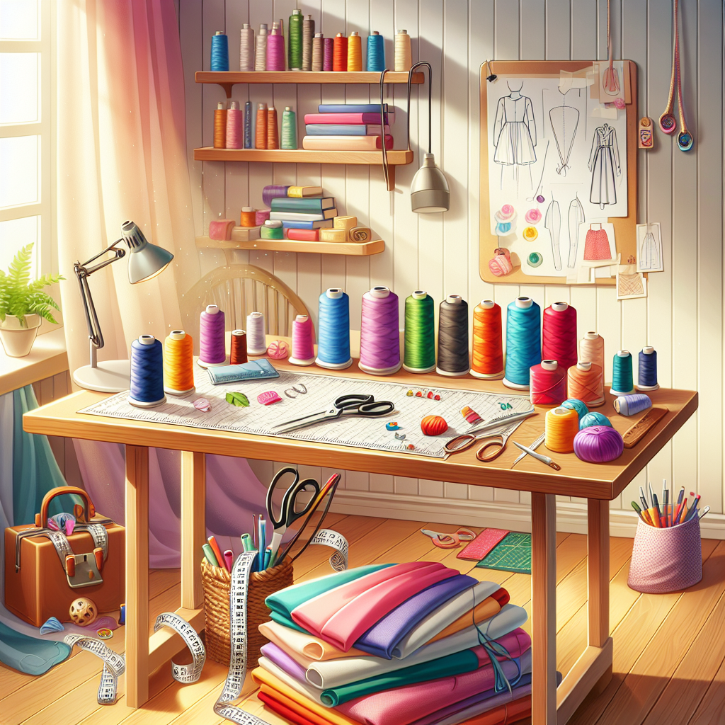 A cozy sewing workspace with colorful fabrics and sewing materials.